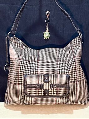 Chaps Black & White Houndstooth Shoulder Bag with Brown Trim